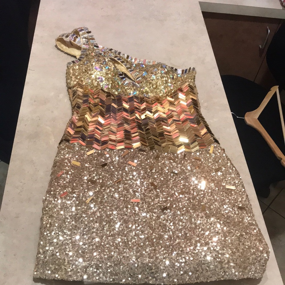 Beaded one shoulder gold even dress